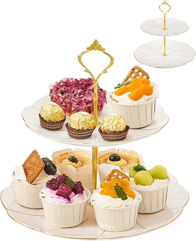 DUJUST Luxury Porcelain 2-Tier Cupcake Stand Tower, British Style Serving Tray with Golden Trim, Food Grade Dessert Display Stand, Beautiful Gift for Tea Party & Home Décor - Image 1