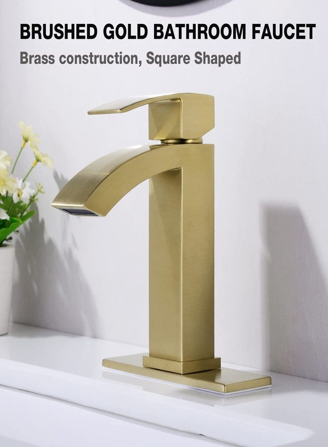 TRUSTMI Single Hole Bathroom Faucet Brass Square Waterfall Bathroom Sink Faucet with 6" Deck Plate and Overflow Drain, Brushed Gold - Image 2