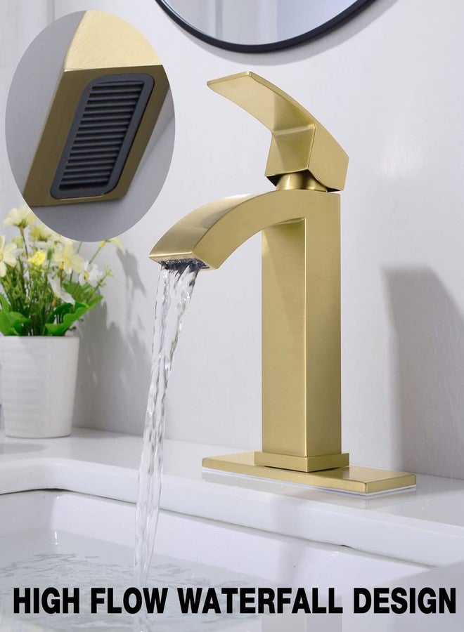 TRUSTMI Single Hole Bathroom Faucet Brass Square Waterfall Bathroom Sink Faucet with 6" Deck Plate and Overflow Drain, Brushed Gold - Image 3