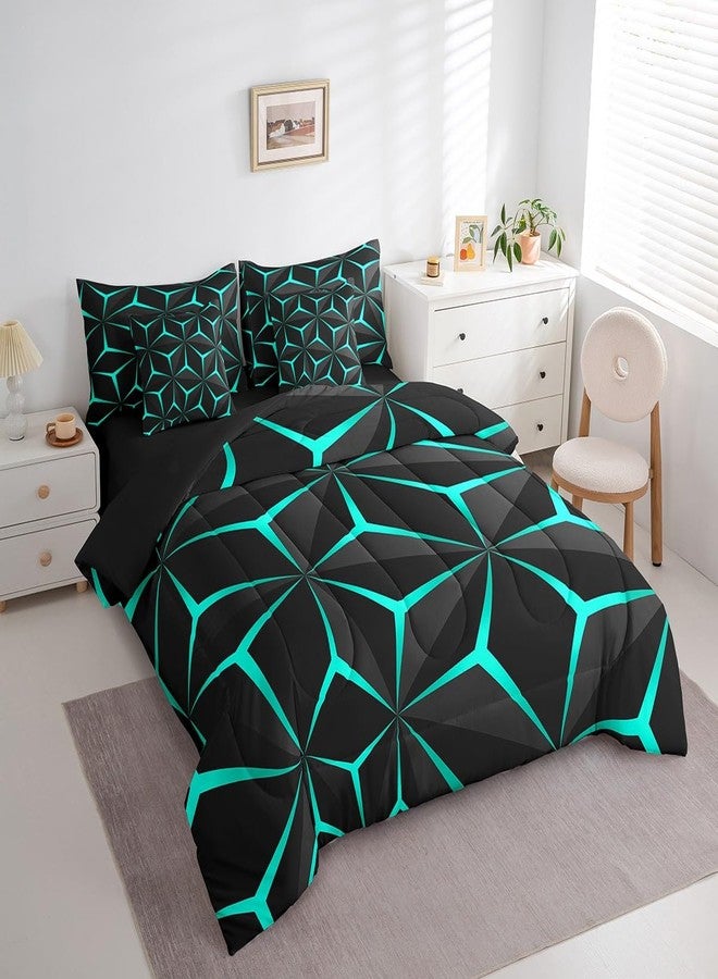 Feelyou Neon Honeycomb Queen Size Geometric Theme Teens Boys Bed in a Bag,Adults Bedroom Decoration 3D Teal Print Comforter Set with Sheets All Season - Image 3
