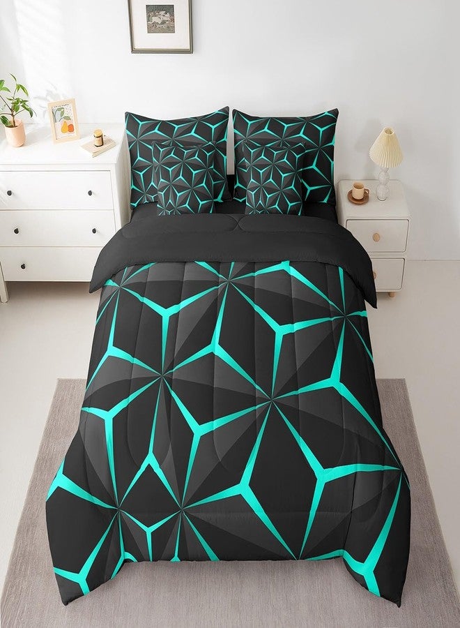 Feelyou Neon Honeycomb Queen Size Geometric Theme Teens Boys Bed in a Bag,Adults Bedroom Decoration 3D Teal Print Comforter Set with Sheets All Season - Image 1