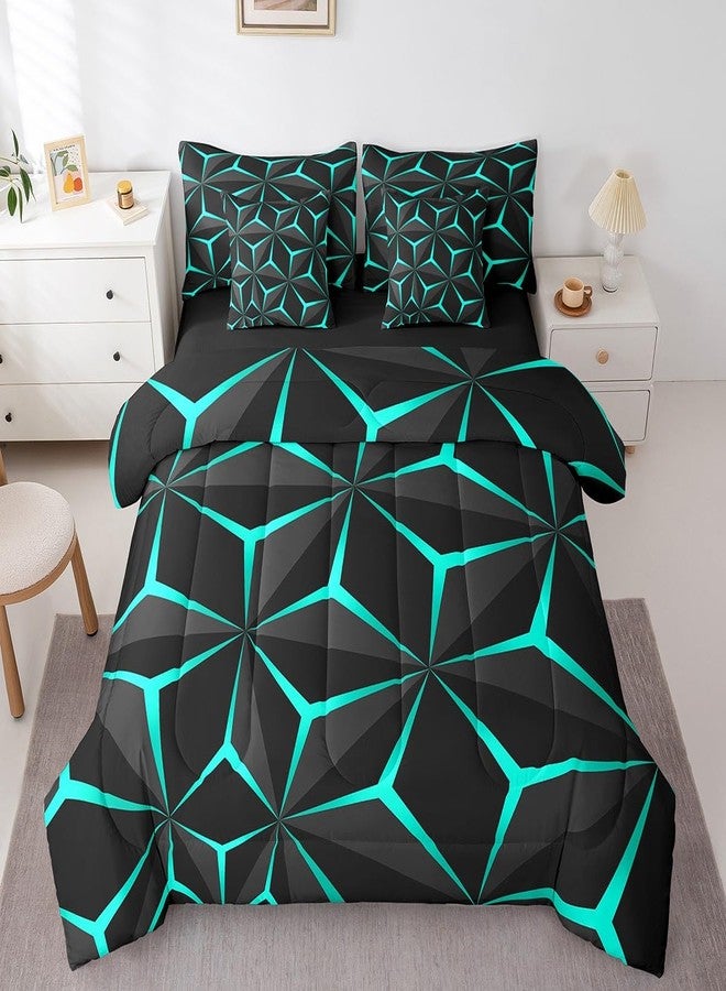 Feelyou Neon Honeycomb Queen Size Geometric Theme Teens Boys Bed in a Bag,Adults Bedroom Decoration 3D Teal Print Comforter Set with Sheets All Season - Image 5