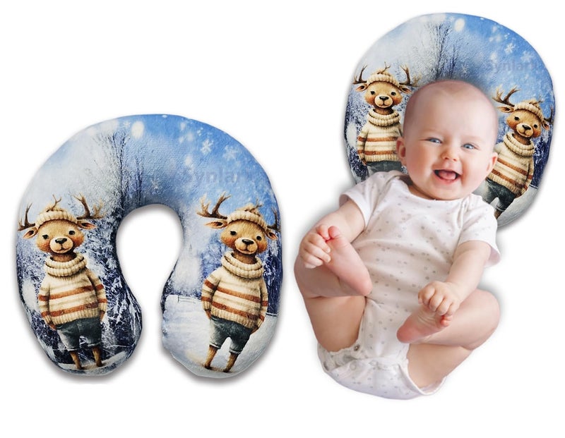 Synlark Synlark® Baby Neck Pillow for Head Shaping | Neck Support New Born Baby Infant Printed Pillow (0-5 Years) (Dear Sweater) - Image 1