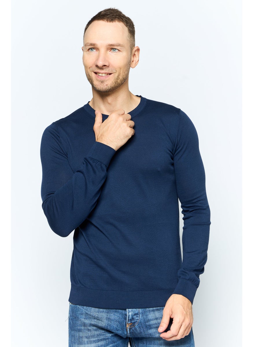 TRUSSARDI JEANS Men Round Neck Long Sleeve Plain Sweatshirt, Navy  - Image 1