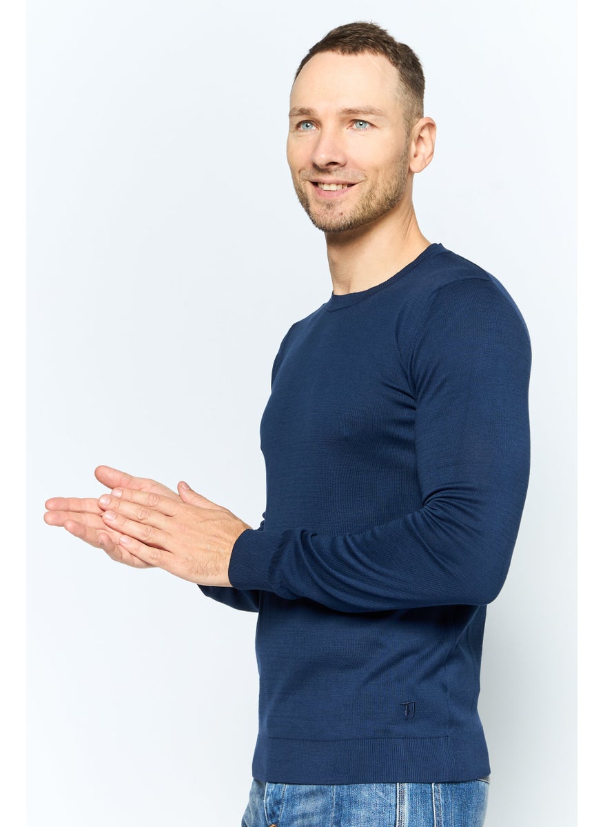 TRUSSARDI JEANS Men Round Neck Long Sleeve Plain Sweatshirt, Navy  - Image 3