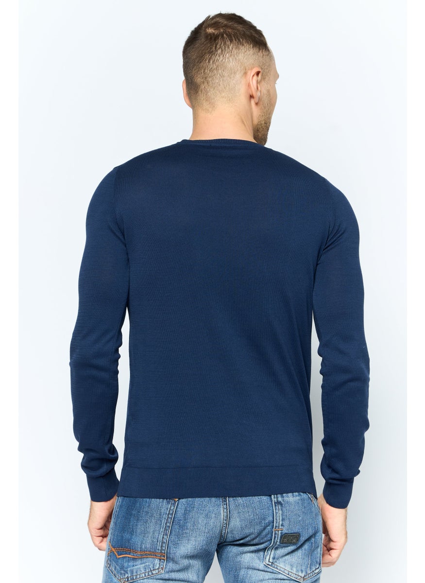 TRUSSARDI JEANS Men Round Neck Long Sleeve Plain Sweatshirt, Navy  - Image 2