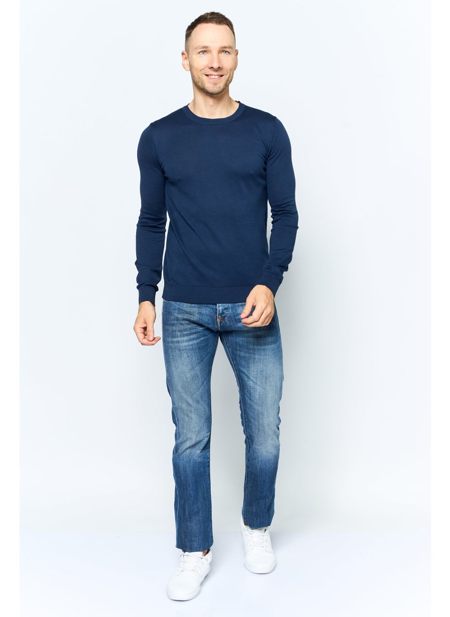 TRUSSARDI JEANS Men Round Neck Long Sleeve Plain Sweatshirt, Navy  - Image 4