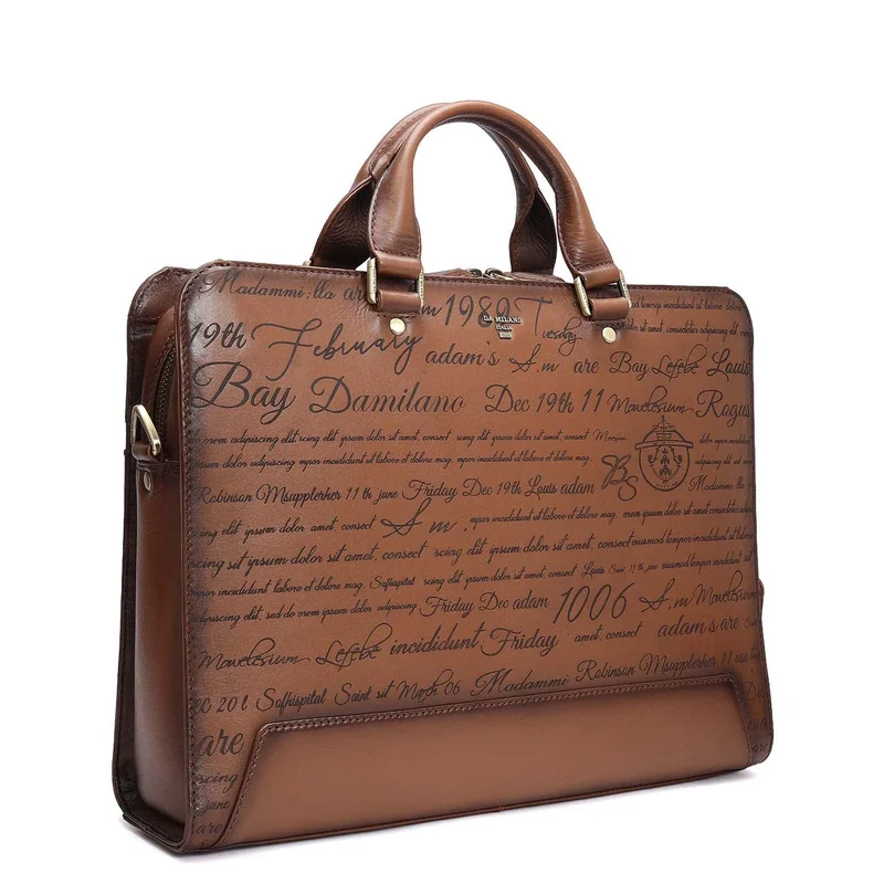 Da Milano Cognac Signato Leather Laptop Bag - Cognac  | Best Price UAE