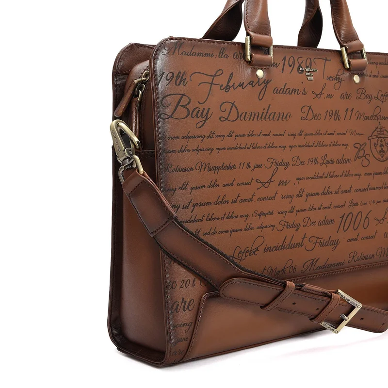 Da Milano Cognac Signato Leather Laptop Bag - Cognac  | Best Price UAE