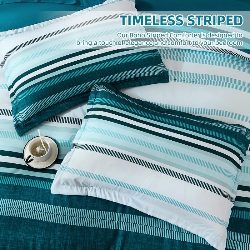 Dobuyly Teal King Size Comforter Set 7 Pieces, Blue Boho Striped Bed in a Bag Soft Microfiber All Season Bedding Set with Comforter, Sheets, Pillowcases & Shams - Image 5