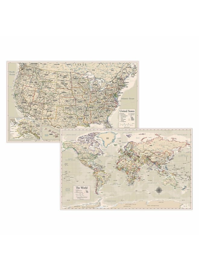 Palace Learning Antique Laminated World Map & US Map Poster Set - 18" x 29" - Wall Chart Maps of The World & United States - Made in The USA - Updated for 2020 (Laminated, 18" x 29") - Image 1
