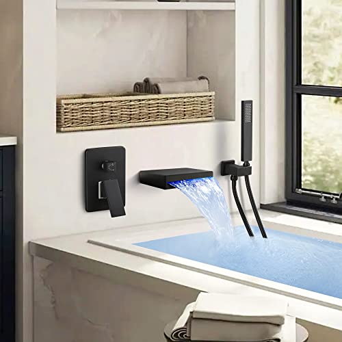 SKOWLL Tub Faucet with Handheld Sprayer, Matte Black Bathtub Faucet Wall Mount Waterfall Tub Faucets High Flow, Modern Bathroom Tub Filler Single Handle Faucet Set Rough in Valve - Image 3