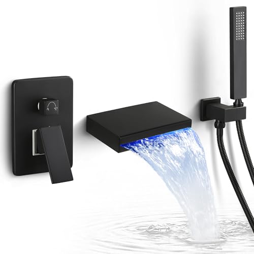 SKOWLL Tub Faucet with Handheld Sprayer, Matte Black Bathtub Faucet Wall Mount Waterfall Tub Faucets High Flow, Modern Bathroom Tub Filler Single Handle Faucet Set Rough in Valve - Image 1