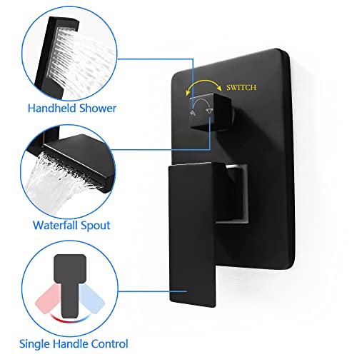 SKOWLL Tub Faucet with Handheld Sprayer, Matte Black Bathtub Faucet Wall Mount Waterfall Tub Faucets High Flow, Modern Bathroom Tub Filler Single Handle Faucet Set Rough in Valve - Image 5