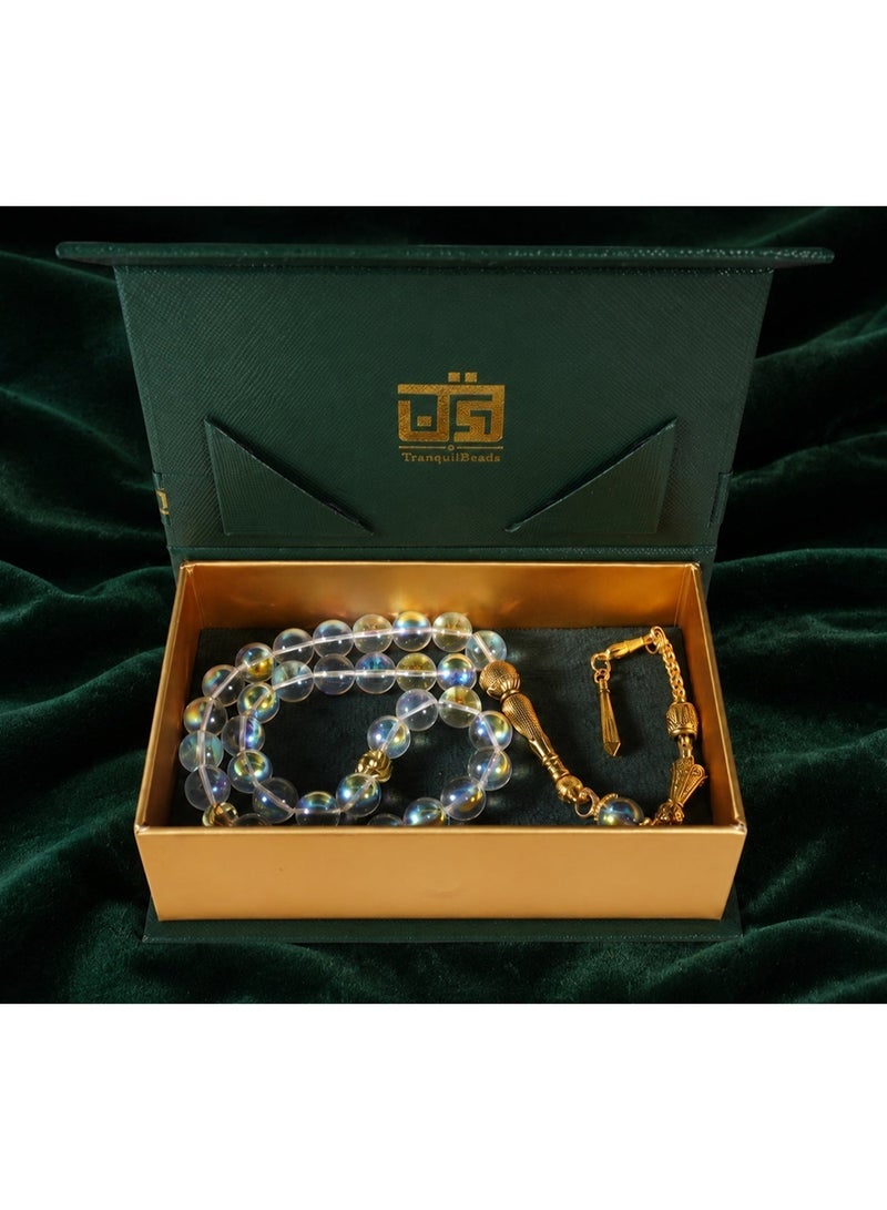 TranquilBeads 33-Bead Aurora Borealis Beads Tasbih Misbaha, Iridescent Crystal Prayer Beads with Golden Tassel, Gift for Men Women, Ramadan Eid Birthday Gift Box - Image 2