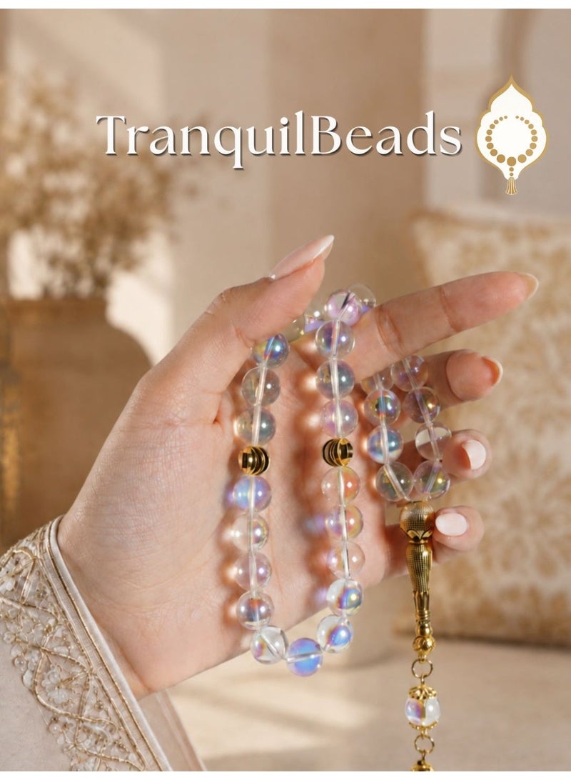 TranquilBeads 33-Bead Aurora Borealis Beads Tasbih Misbaha, Iridescent Crystal Prayer Beads with Golden Tassel, Gift for Men Women, Ramadan Eid Birthday Gift Box - Image 3