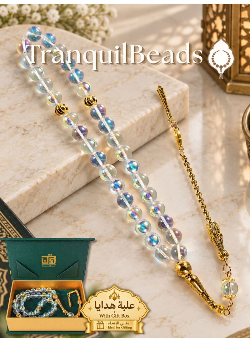 TranquilBeads 33-Bead Aurora Borealis Beads Tasbih Misbaha, Iridescent Crystal Prayer Beads with Golden Tassel, Gift for Men Women, Ramadan Eid Birthday Gift Box - Image 1