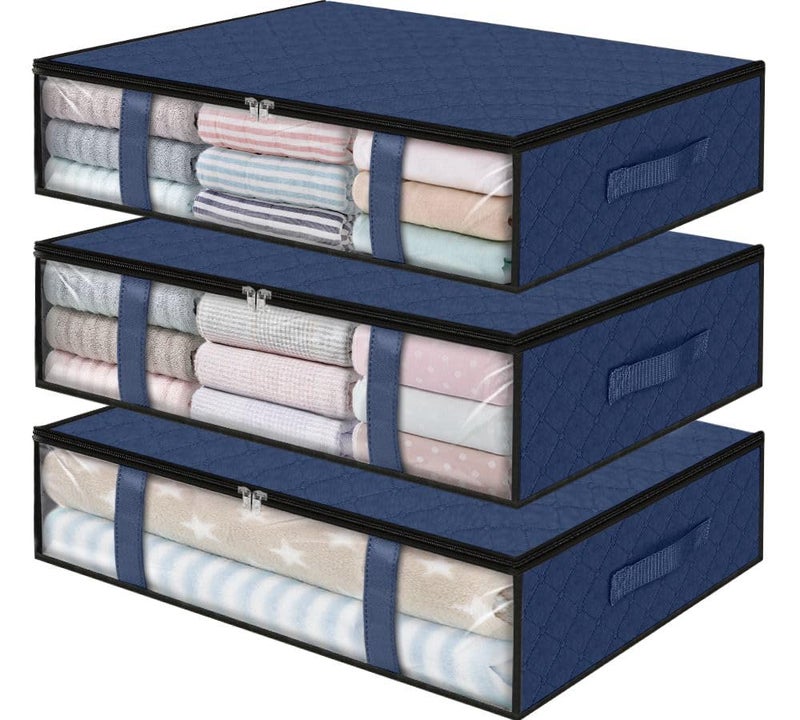 StorageRight Under Bed Storage Bags 3 Pack 40L Large Clothes Comforter Storage Containers with Clear Window Breathable Fabric Organizer for Blankets Bedding Seasonal Clothing Blue - Image 2