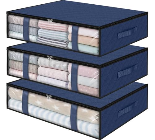 StorageRight Under Bed Storage Bags 3 Pack 40L Large Clothes Comforter Storage Containers with Clear Window Breathable Fabric Organizer for Blankets Bedding Seasonal Clothing Blue - Image 1