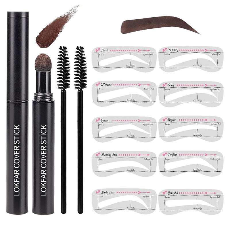 EyeBrow Stamp Stencil Kit Waterproof Brow Stamp Shaping Kit Eyebrow Definer Eyebrow Filling Powder Stamp Eye Brow Stamping Kit with 10 Eyebrow Stencils 2 Eyebrow Brushes for Women Dark Brown