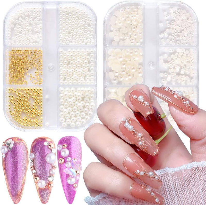 2 Boxes Nail Art Pearls Half Round Pearl & Mini Metal Nail Art Caviar Beads Flatback White AB Half Pearls Nail Art Supplies Luxurious Design Rhinestones Nail Art Accessories Pearls DIY Nail Decoration