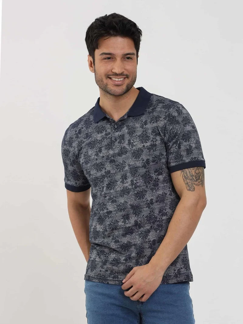 Dufy Navy Blue Men's Slim Fit Patterned Polo Neck Tshirt - 105239