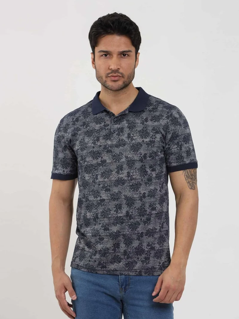 Dufy Navy Blue Men's Slim Fit Patterned Polo Neck Tshirt - 105239