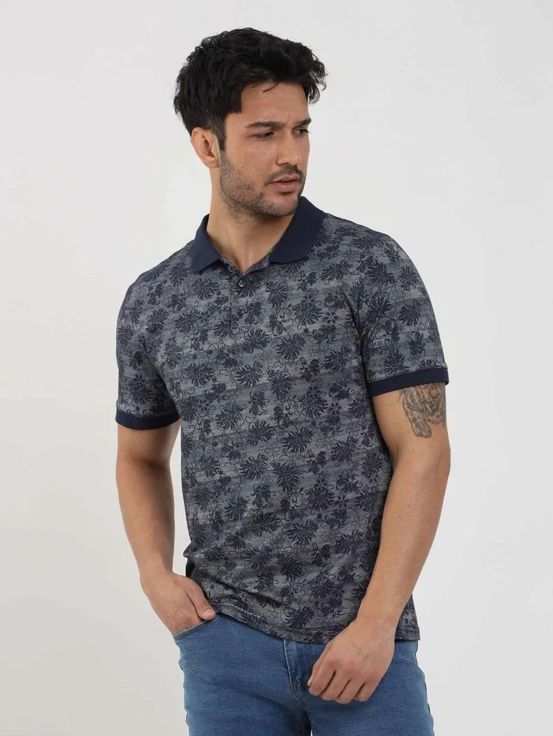 Dufy Navy Blue Men's Slim Fit Patterned Polo Neck Tshirt - 105239