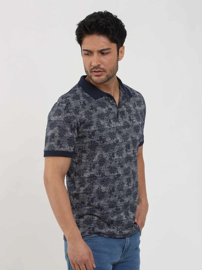 Dufy Navy Blue Men's Slim Fit Patterned Polo Neck Tshirt - 105239