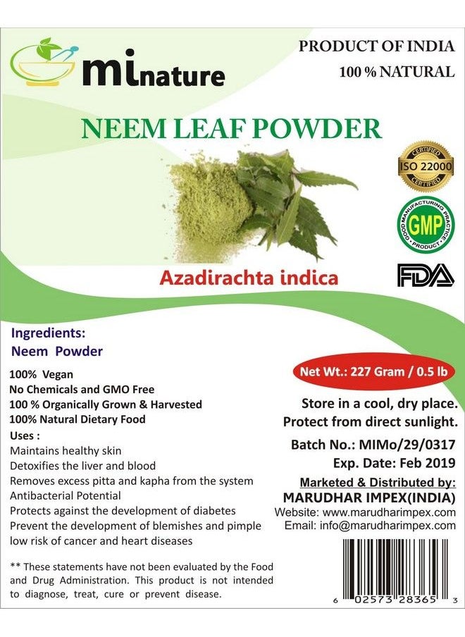 mi nature - Neem Leaf Powder (Azadirachta Indica)/ 100% Pure Natural And Organic (227G / (1/2 Lb) / 8 Ounces) Resealable Zip Lock Pouch - Image 1
