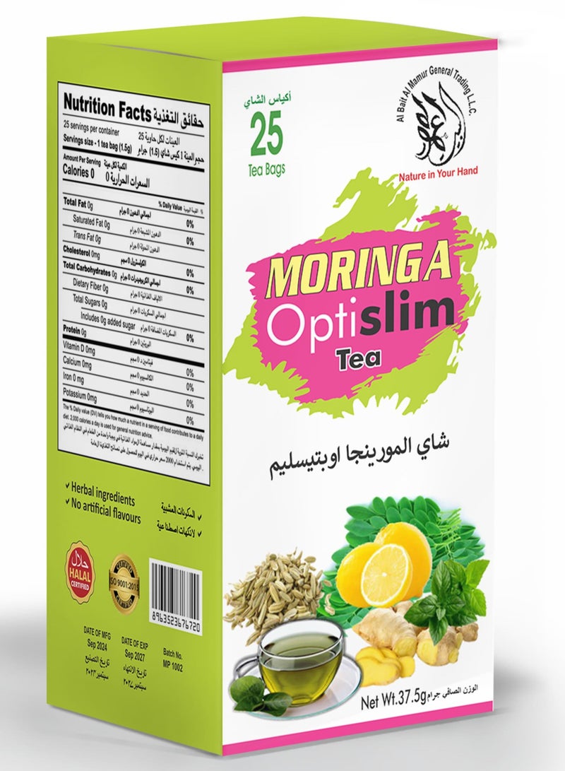 AL Bait AL Mamur MORINGA OPTISLIM TEA –25 Tea Bags  Blend of Moringa, Ginger, Lemon, Fennel, Peppermint & Green Tea – Herbal Slimming Tea – Natural Blend – Herbal Detox Blend – All Natural – Caffeine-Free & Halal Certified.MORINGA OPTISLIM TEA –25 Tea Bags  Blend of Moringa, Ginger, Lemon, Fennel, Peppermint & Green Tea – Herbal Slimming Tea – Natural Blend – Herbal Detox Blend – All Natural – Caffeine-Free & Halal Certified.  - Image 1