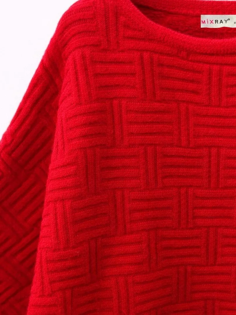 MixRay Red MIXRAY Oversized Textured Ribbed Crew Neck Sweater for Women | Best Price UAE