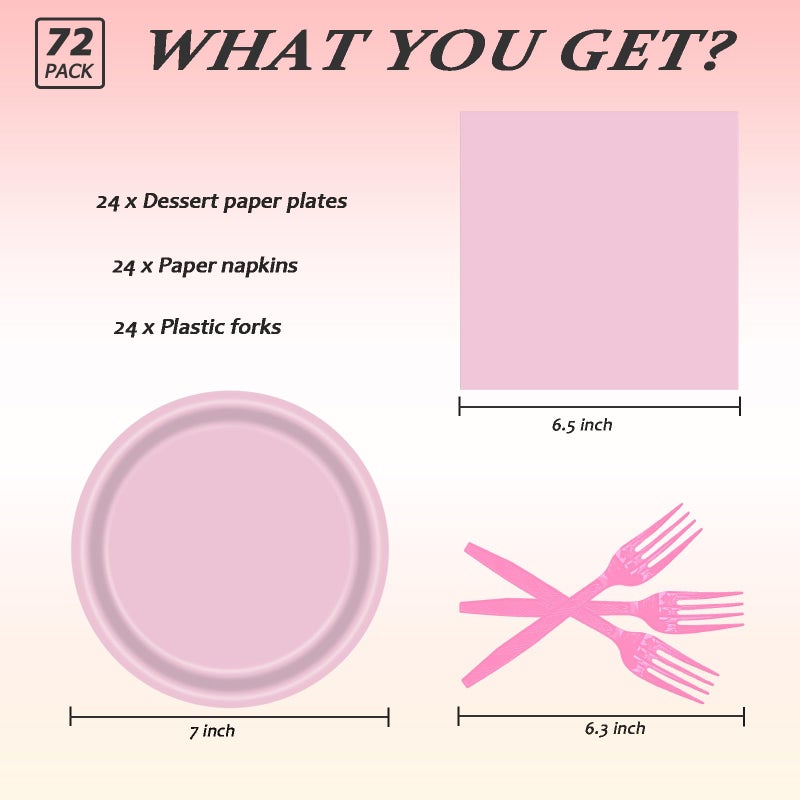 Lyfree 72 Pcs Pink Paper Plates 7In Disposable Dessert Plates Napkins And Forks Party Tableware Set Decoration Supplies For Birthday Baby Shower Wedding Holiday Bridal Shower Party  Serve 24 - Image 2