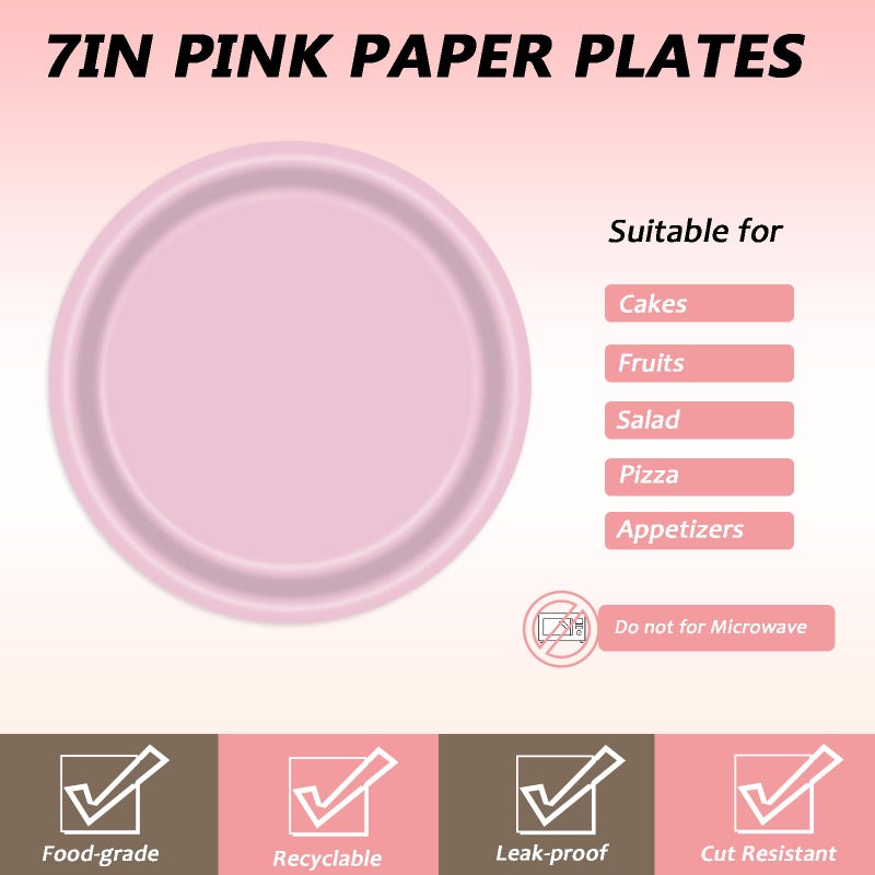 Lyfree 72 Pcs Pink Paper Plates 7In Disposable Dessert Plates Napkins And Forks Party Tableware Set Decoration Supplies For Birthday Baby Shower Wedding Holiday Bridal Shower Party  Serve 24 - Image 3