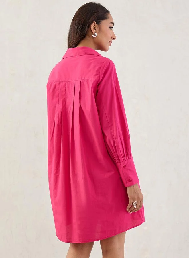 Femmella Femmella Pink Solid Poplin Pleated Shirt Mini Dress with Belted Detail