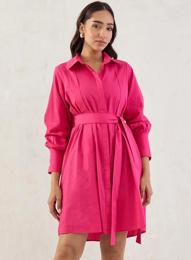 Femmella Femmella Pink Solid Poplin Pleated Shirt Mini Dress with Belted Detail