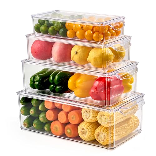 Luckore 4 Piece Refrigerator Organizer Bins, Clear Fridge Organizers and Storage, Stackable with Lids, Food Storage Containers for Fruit, Vegetable, Drinks, Cereals - Image 1