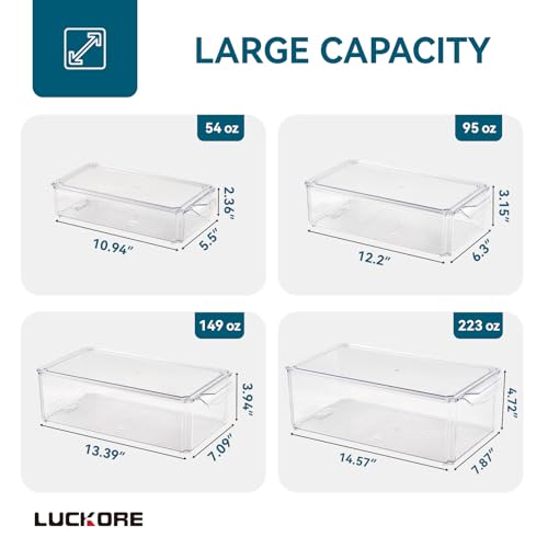 Luckore 4 Piece Refrigerator Organizer Bins, Clear Fridge Organizers and Storage, Stackable with Lids, Food Storage Containers for Fruit, Vegetable, Drinks, Cereals - Image 2