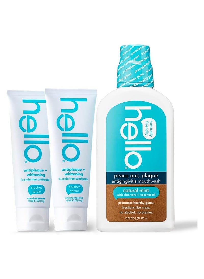 Hello Oral Care Antiplaque + whitening fluoride free toothpaste, 4.7 ounces (2 count) + naturally healthy antigingivitis mouthwash, 16 ounces - Image 1