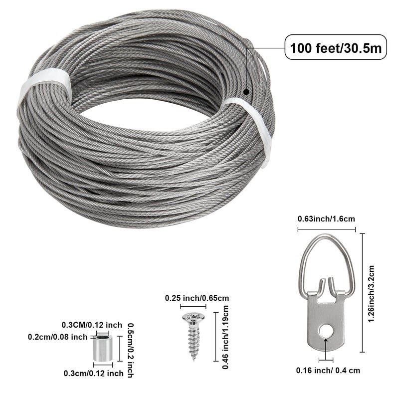 Blisstime Picture Hanging Kit - 100 Feet Braided Hanging Wire, 60 Pcs D Ring Picture Hangers with Screws and 60 Pcs Aluminum Crimping Loop Sleeve for Canvas Paintings, Photo Frames - Image 4