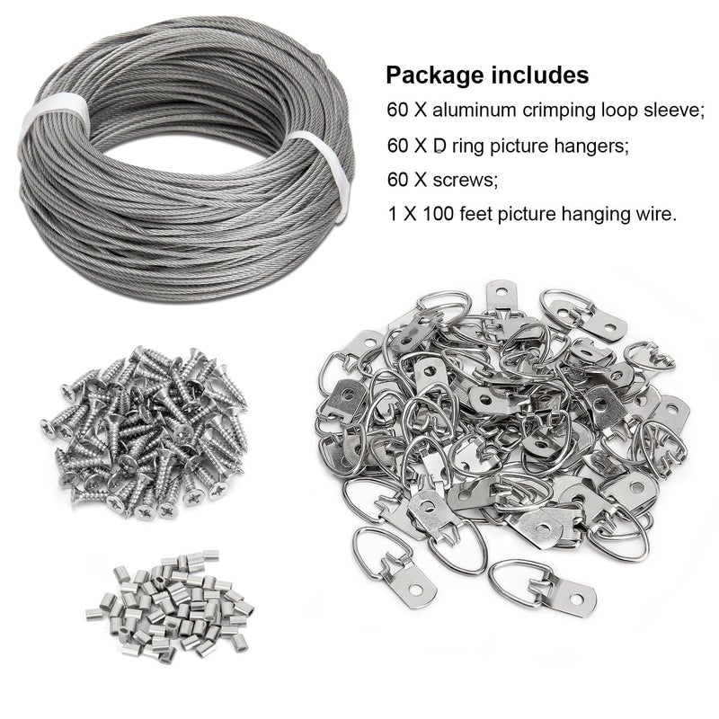 Blisstime Picture Hanging Kit - 100 Feet Braided Hanging Wire, 60 Pcs D Ring Picture Hangers with Screws and 60 Pcs Aluminum Crimping Loop Sleeve for Canvas Paintings, Photo Frames - Image 3