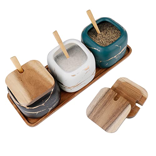 Dicunoy Ceramic Salt and Sugar Container, Condiment Jars with Lids and Spoons, Marble Seasoning Spice Pots Bowl, Pepper Sellar with Wooden Tray for Serving, Counter, Home, Kitchen - Image 4