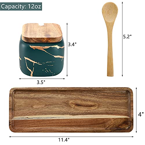 Dicunoy Ceramic Salt and Sugar Container, Condiment Jars with Lids and Spoons, Marble Seasoning Spice Pots Bowl, Pepper Sellar with Wooden Tray for Serving, Counter, Home, Kitchen - Image 2