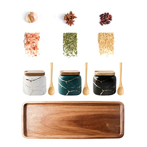 Dicunoy Ceramic Salt and Sugar Container, Condiment Jars with Lids and Spoons, Marble Seasoning Spice Pots Bowl, Pepper Sellar with Wooden Tray for Serving, Counter, Home, Kitchen - Image 5