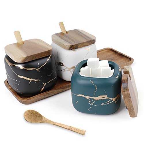 Dicunoy Ceramic Salt and Sugar Container, Condiment Jars with Lids and Spoons, Marble Seasoning Spice Pots Bowl, Pepper Sellar with Wooden Tray for Serving, Counter, Home, Kitchen - Image 3