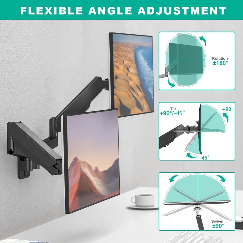 UPGRAVITY Dual Monitor Wall Mount, Double Monitor Wall Stand for Two 17-32 inch Flat Computer Screens, Height Adjustable Gas Spring Mounted Bracket Arms Hold up to 17.6lbs, VESA 75/100 - Image 3