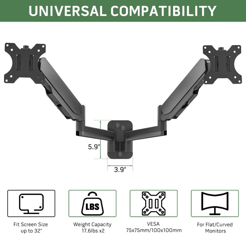UPGRAVITY Dual Monitor Wall Mount, Double Monitor Wall Stand for Two 17-32 inch Flat Computer Screens, Height Adjustable Gas Spring Mounted Bracket Arms Hold up to 17.6lbs, VESA 75/100 - Image 2