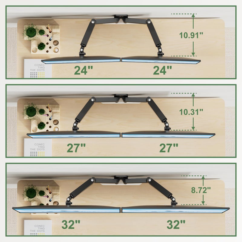 UPGRAVITY Dual Monitor Wall Mount, Double Monitor Wall Stand for Two 17-32 inch Flat Computer Screens, Height Adjustable Gas Spring Mounted Bracket Arms Hold up to 17.6lbs, VESA 75/100 - Image 4