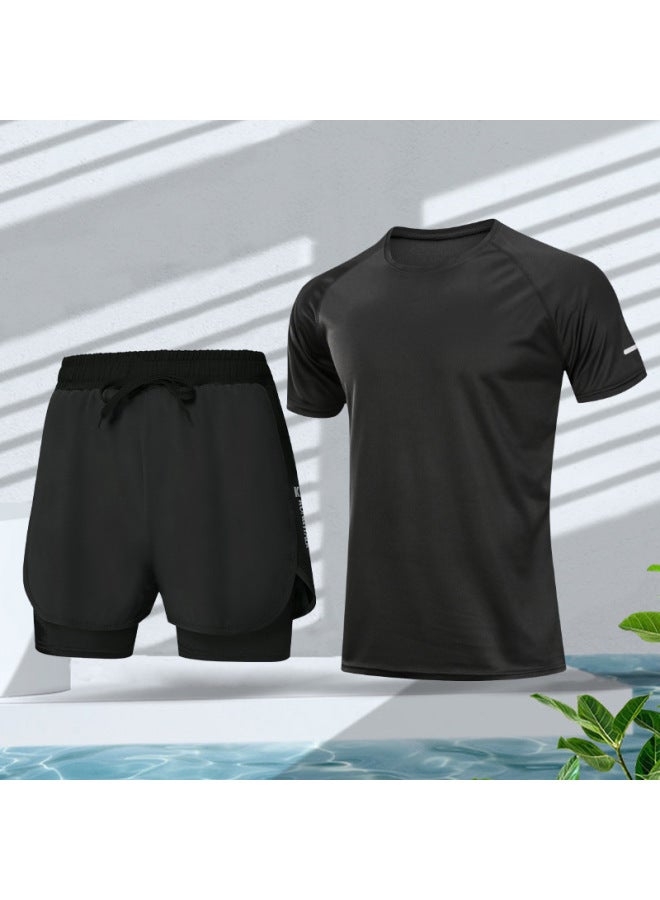 Loquat Swimming Trunks Men's Anti-embarrassment Double-layer Quick-drying Swimsuit Set Hot Springs Professional Swimming Lined Loose Swimsuit For Boys-Color:Black And Black Two-piece Set 【Beach Surfing Swi - Image 1