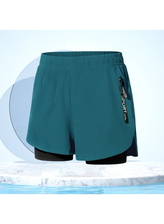 Loquat Swimming Trunks Men's Anti-embarrassment Double-layer Quick-drying Swimsuit Set Hot Springs Professional Swimming Lined Loose Swimsuit For Boys-Color:Black And Black Two-piece Set 【Beach Surfing Swi - Image 4